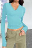 Plain V Neck Long Sleeves Slim Fit Top