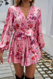 V Neck Puff Sleeves Floral Romper