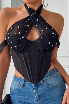 Rhinestone Black Halter Fishbone Corset Top
