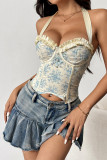 Halter Neck Fish Bone Floral Corset Top