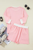 Pink Corded Colorblock Long Sleeve Top and Shorts Set