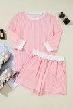 Pink Corded Colorblock Long Sleeve Top and Shorts Set