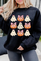 Black Halloween Bowknot Ghost Pumpkin Graphic Crewneck Sweatshirt