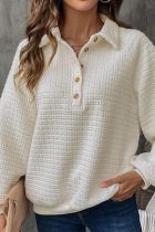 Beige Turndown Collar Button Textured Sweatshirt