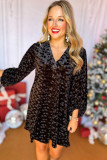 Black Textured V Neck Balloon Sleeve Velvet Mini Dress