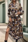 Navy Flower Printed Split Dress