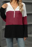 Half Zipper Hooded Colorblock Knitting Top