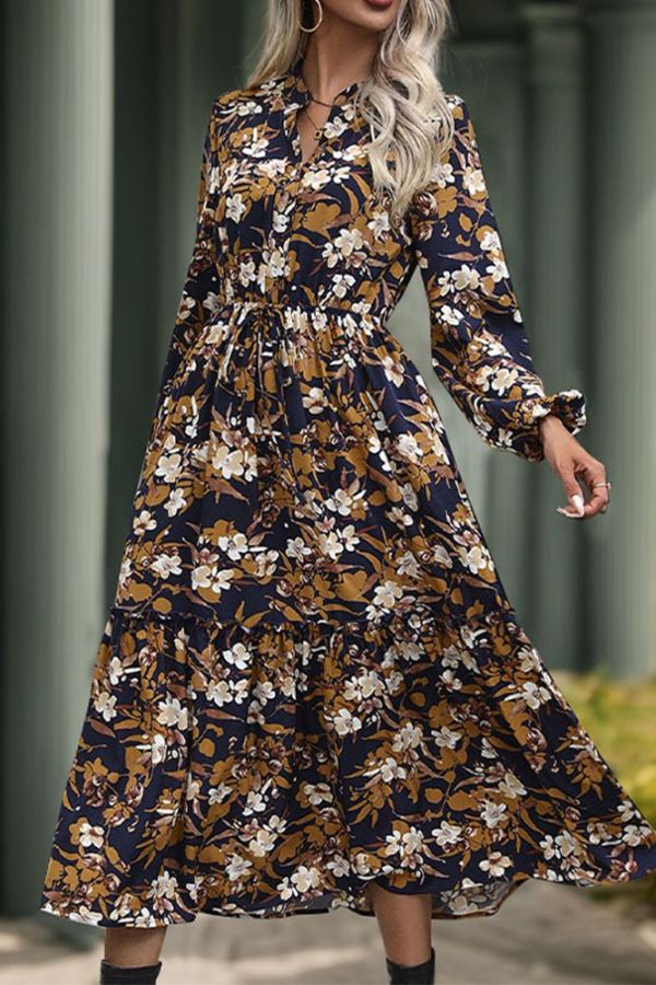 Navy Flower Printed Split Dress