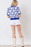 Dark Blue Rugby Plaid Color Block Puff Short Sleeve Sweater