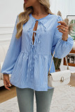 Stripes Lace Up Puff Sleeves Shirt