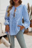 Stripes Lace Up Puff Sleeves Shirt