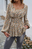 Square Neck Floral Puff Sleeves Ruffle Top