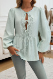 Stripes Lace Up Puff Sleeves Shirt