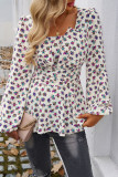 Square Neck Floral Puff Sleeves Ruffle Top