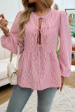 Stripes Lace Up Puff Sleeves Shirt