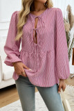 Stripes Lace Up Puff Sleeves Shirt
