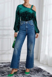Green Velvet Puff Sleeves Top