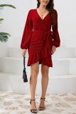V Neck Wrapped Ruffle Dress