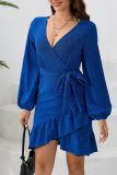 V Neck Wrapped Ruffle Dress