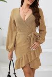V Neck Wrapped Ruffle Dress
