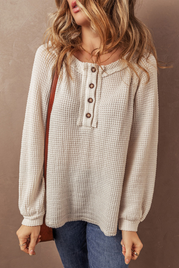 Oatmeal Waffle Knit Buttoned Front Raglan Sleeve Loose Blouse