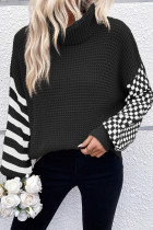 Black Striped Plaid Patchwork Waffle Knit Turtleneck Sweater