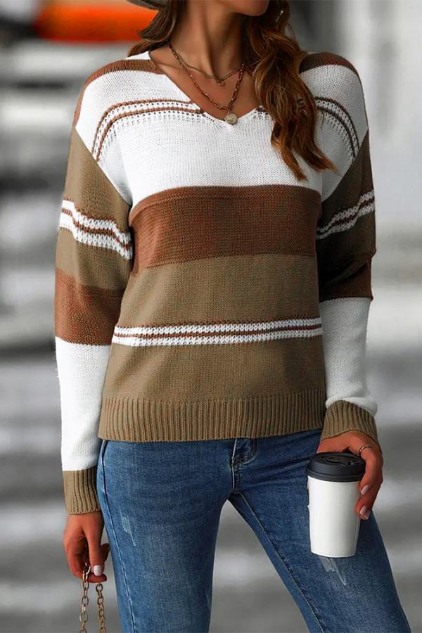 V Neck Knitting Color Block Top