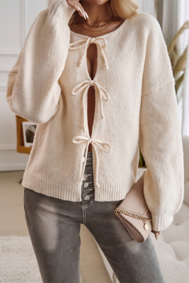 Solid Color Lace Up Front Open Cardigan
