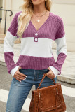 Colorblock V Neck Ribbed Knitting Top
