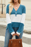 Colorblock V Neck Ribbed Knitting Top