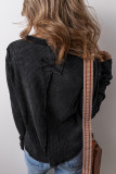 Black Acid Wash Waffle Knit Buttoned Neckline Long Sleeve Top