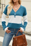 Colorblock V Neck Ribbed Knitting Top