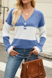 Colorblock V Neck Ribbed Knitting Top