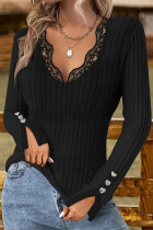 Black Lace Ribbed Knitting Top