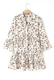 Khaki Leopard Print Buttoned Front 3/4 Sleeve Tiered Ruffled Hem Dress