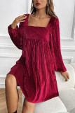 Wine Red Square Neck Corduroy Dress