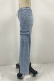 Blue Pockets Straight Denim Jeans