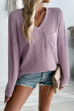 V Neck Pocket Textured Long Sleeves Top