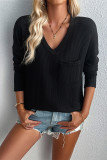 V Neck Pocket Textured Long Sleeves Top