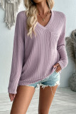 V Neck Pocket Textured Long Sleeves Top