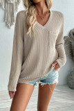V Neck Pocket Textured Long Sleeves Top