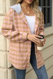 Plaid Hooded Drawstring Button Up Coat