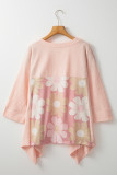 Pink Flower Patchwork Exposed Seam Oversized High Low Top
