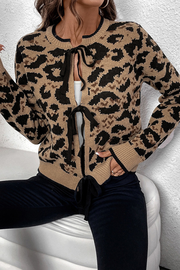Leopard Bowknot Front Open Cardigan