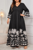 Black V Neck Flare Sleeves Printed Dress