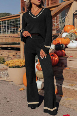 Black V Neck Top and Wide Leg Pants Set