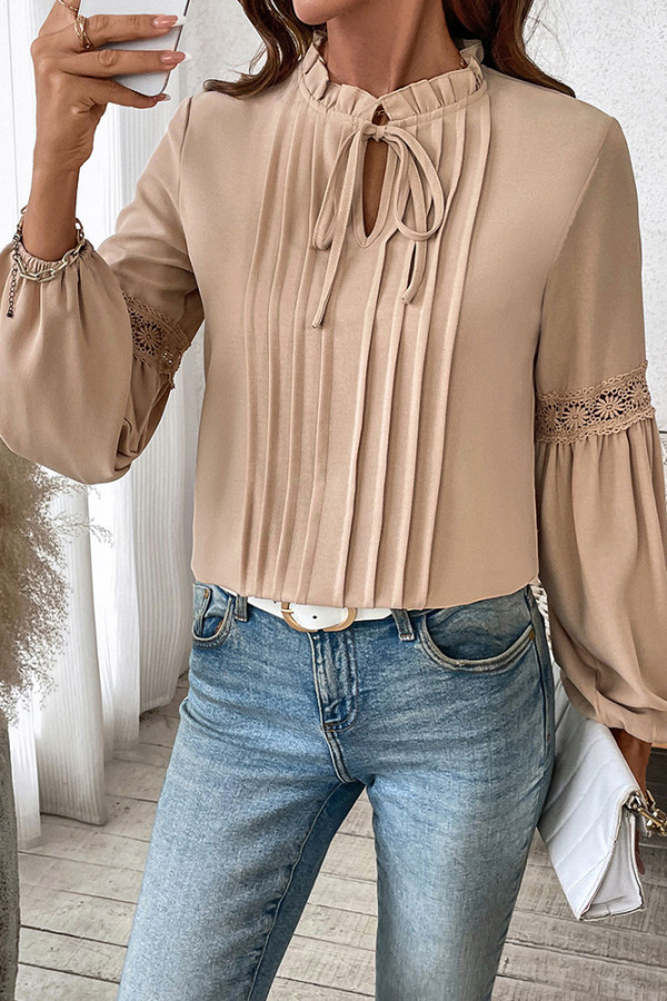 Khaki Lantern Sleeves Smocked Top