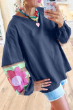 Sail Blue Flower Patchwork Raglan Sleeve Exposed Seam Oversized Top