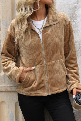 Khaki Front Open Zipper Jacket