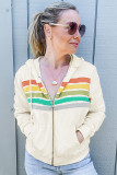 Apricot Colorblock Striped Patchwork Side Pockets Zipper Hoodie